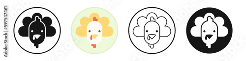 Domestic turkey vector set. Turkey face, poults icon