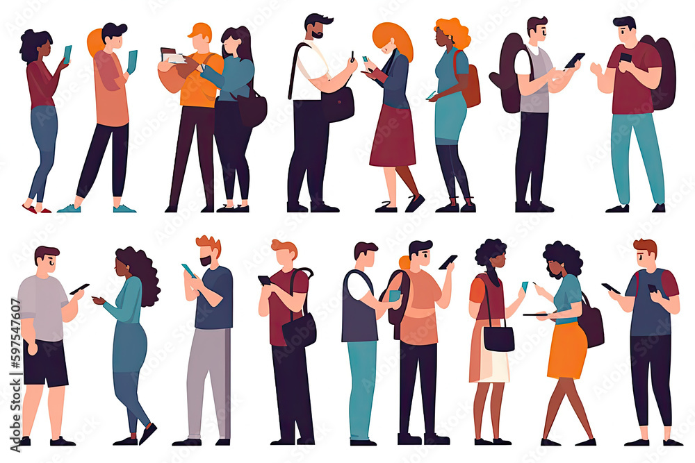 Fototapeta premium People holding, using mobile phones set. Characters with smartphones in hands. Men, women use cellphones, surfing internet, chatting. Flat graphic vector illustrations. Ai generative