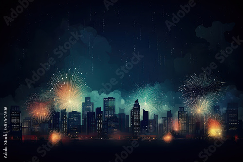 Panoramic of a city at night with fireworks. Illustration cartoon flat style. Ai generative