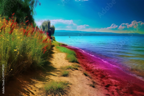Summer's Path: A Colorful Watercolor Painting of Flowers, Trees, and Water along a Sandy Path