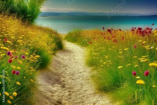 Summer's Path: A Colorful Watercolor Painting of Flowers, Trees, and Water along a Sandy Path
