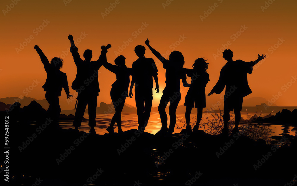 A group of successful young people hold hands at sunset, together they raise their upper hand. Successful team and team building concept. Generative ai