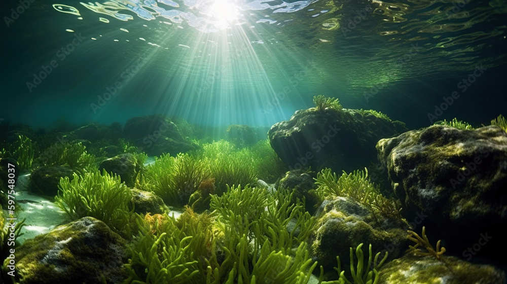 underwater scene with reef and sun shine.Generative Ai