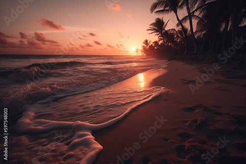 Beautiful golden orange sunset on a tropical paradise beach. Generative ai