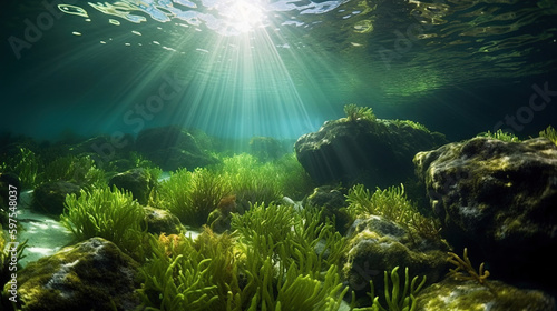 underwater scene with reef and sun shine.Generative Ai © Shades3d