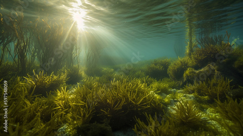 underwater scene with reef and sun shine.Generative Ai