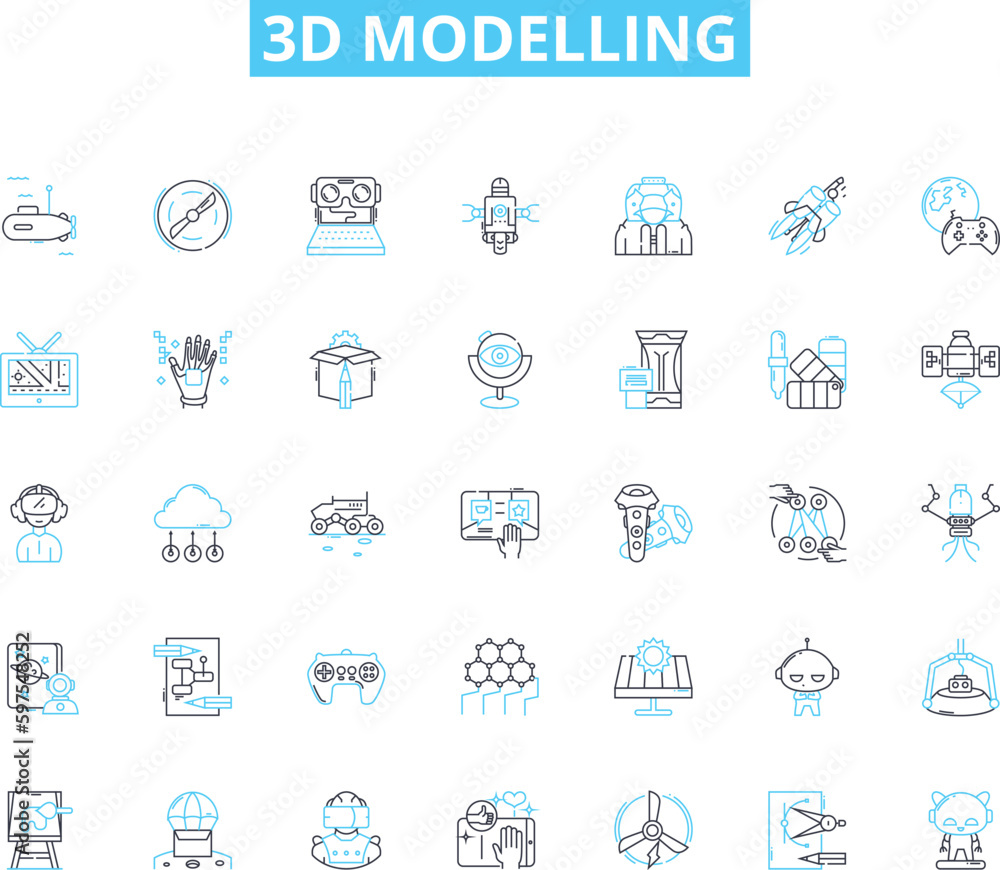 3d modelling linear icons set. Rendering, Sculpting, Texturing, Animation, Modeling, Rigging, Lighting line vector and concept signs. Shading,Design,Visualization outline illustrations Generative AI