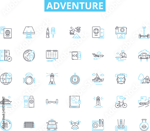 Adventure linear icons set. Exploration, Danger, Excitement, Thrill, Risk, Escape, Journey line vector and concept signs. Expedition,Quest,Odyssey outline illustrations Generative AI
