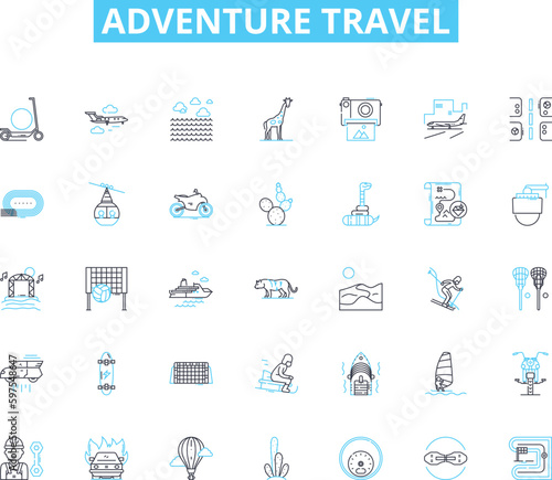 Adventure travel linear icons set. Trek, Explore, Expeditions, Rafting, Safari, Mountaineering, Backpacking line vector and concept signs. Bungee,Climbing,Kayaking outline illustrations Generative AI