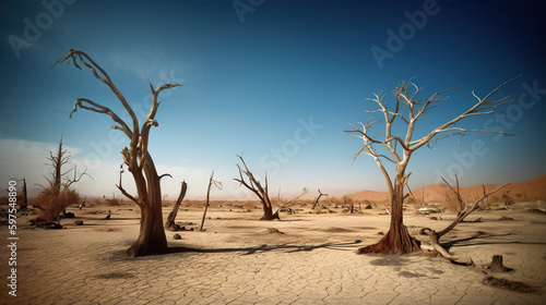 A barren area with dead trees in the middle of the desert. AI generative.