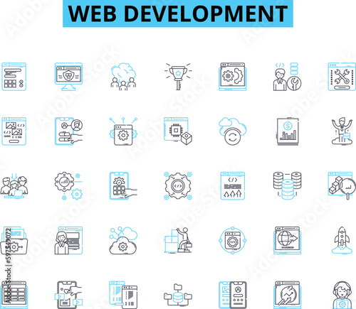 Web development linear icons set. HTML, CSS, JavaScript, PHP, Python, Ruby, TypeScript line vector and concept signs. React,Angular,Vue outline illustrations Generative AI