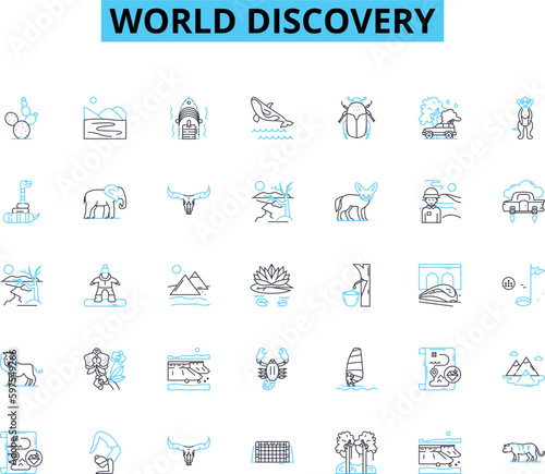 world discovery linear icons set. Exploration, Geology, Biodiversity, Anthropology, Archaeology, History, Ecology line vector and concept signs. Geography,Geopolitics,Linguistics outline Generative AI