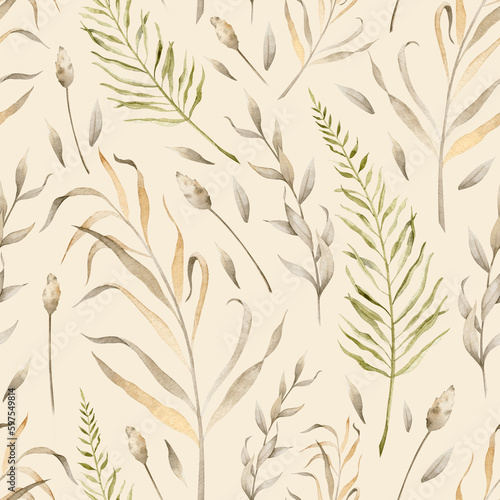 Dried plants Pattern. Seamless background with wild dry grass on beige creamy backdrop. Hand drawn watercolor botanical illustration with branches and meadow herbs for textile design or wrapping paper
