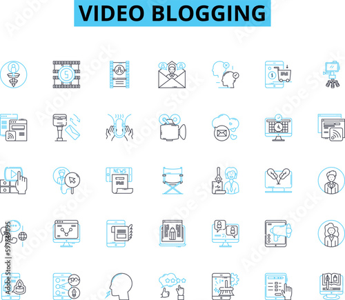Video blogging linear icons set. Vlogging, Youtube, Blogging, Content, Influencer, Camera, Editing line vector and concept signs. Channel,Upload,Audience outline illustrations