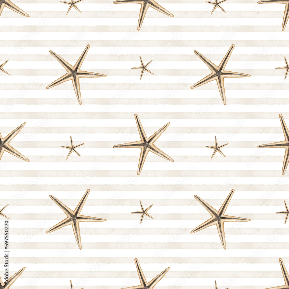 Star shell seamless Pattern on striped background. Hand drawn watercolor illustration of beige seashells for wrapping paper or textile design in marine style. Underwater or beach backdrop with lines. Star shell seamless Pattern on striped background. Hand drawn watercolor illustration of beige seashells for wrapping paper or textile design in marine style. Underwater or beach backdrop with lines.