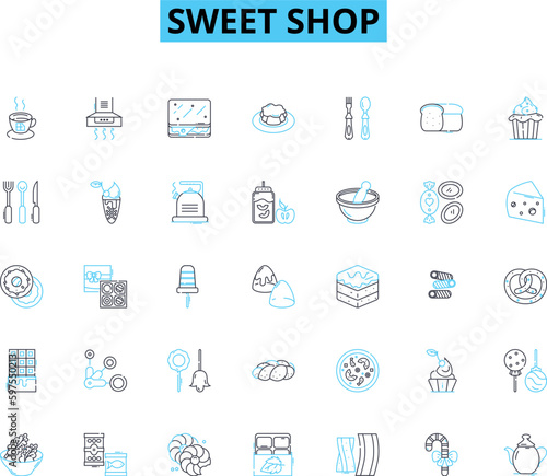 Sweet shop linear icons set. Candy, Confectiry, Sugary, Desserts, Lollipops, Chocolate, Gum line vector and concept signs. Jellybeans,Cupcakes,Taffy outline illustrations Generative AI photo