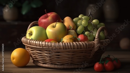 Fresh organic fruits and vegetables in wicker basket  generative ai