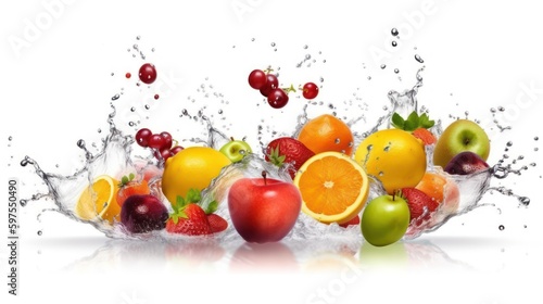 Fruits and vegetables splash into water  generative ai