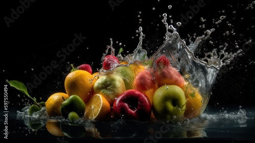 Fruits and vegetables splash into water, generative ai