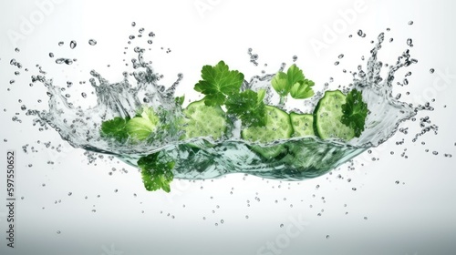 Vegetables splash into water, generative ai