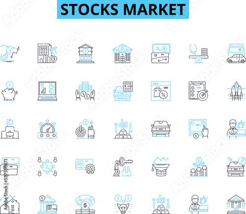 Stocks market linear icons set. Investment, Trading, Portfolio, Dividend, Dow, Bullish, Bearish line vector and concept signs. Volatility,Blue-chip,Market outline illustrations Generative AI