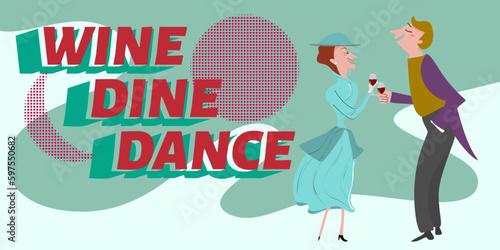 couple of lovers dancing while drinking glass of wine, Mid Century Modern retro vintage theme