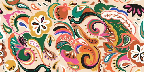 Modern hand drawn paisley ornament pattern. Abstract retro ethnic style. Fashionable vector template for your design. Vector illustration.
