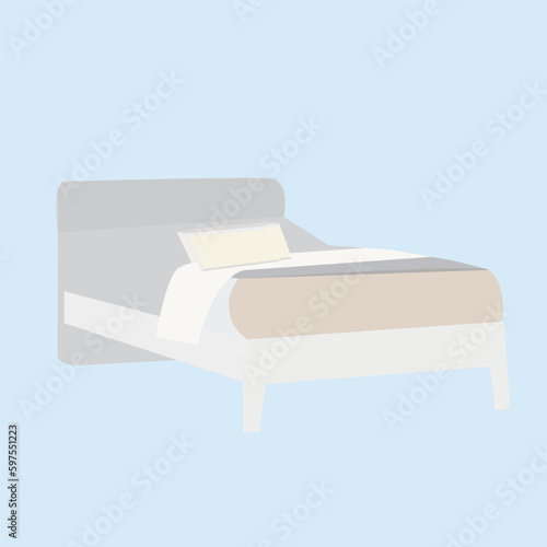 Minimalist bed with white frame and light colored mattress against a soft blue background