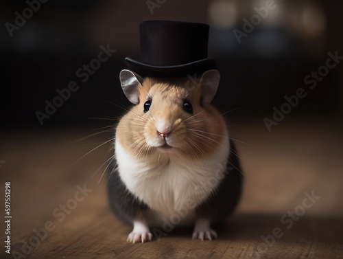 A hamster wearing a tiny top hat and bow tie
