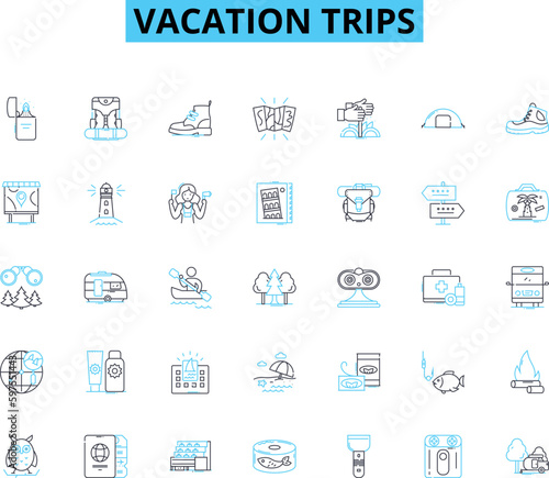 Vacation trips linear icons set. Adventure, Relaxation, Exploration, Nature, Scenery, Culture, Sunbathing line vector and concept signs. Waterfall,Leisure,Beaches outline illustrations Generative AI