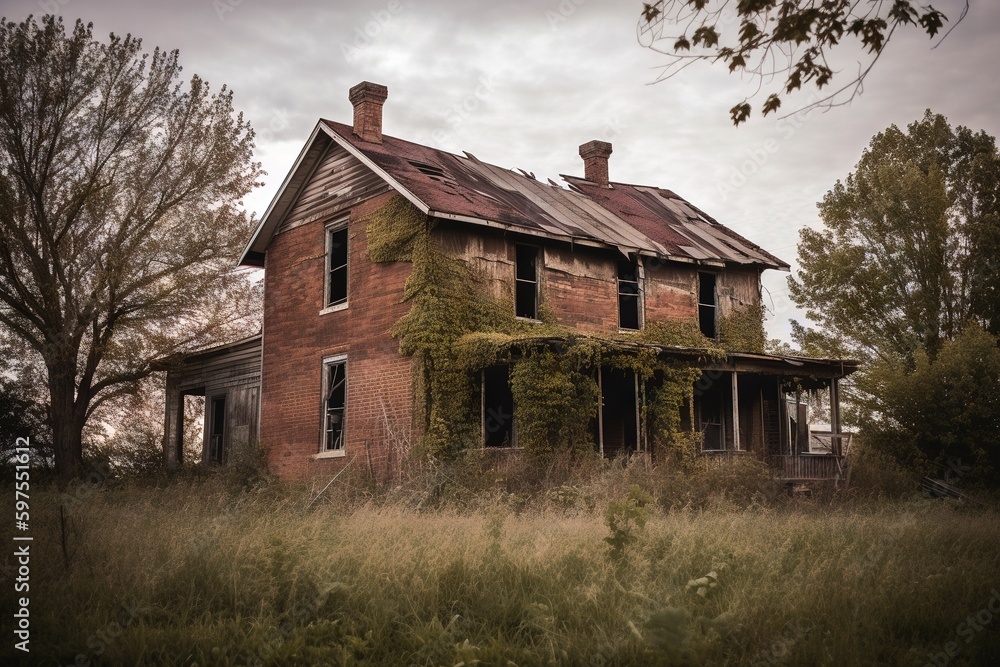 Abandoned house in the woods. AI generated art illustration. Abandoned house in the woods. AI generated art illustration.