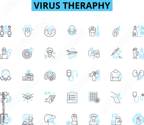 Virus theraphy linear icons set. Immunotherapy, Gene therapy, Antivirals, Vaccines, Antibodies, Retrovirus, Oncolytic line vector and concept signs. Genomics,Microbiology,Pathogenicity Generative AI