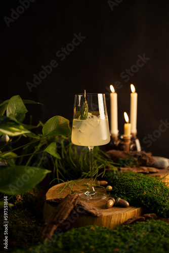 French 75 coctail on black background decorated with forest green moss and candles.