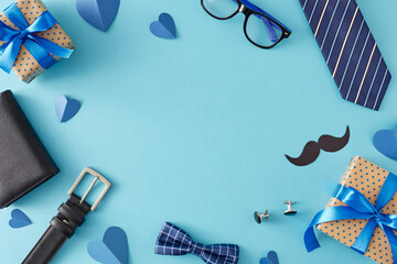 Surprise your dad with stylish gift concept this Father's Day. Top view flat lay of gift boxes and men's accessories on light blue background with empty space for text or advert in the middle