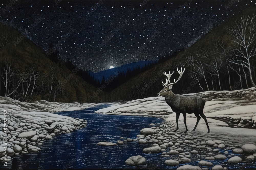 Fototapeta premium Landscape with moon and tree. AI generated art illustration.