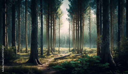 a forest with large trees during the day Futuristic hy hd wallpaper