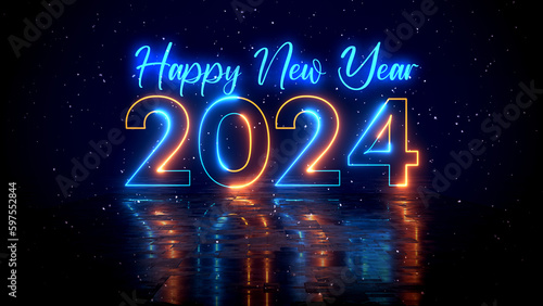 Futuristic Blue Orange Glowing Neon Light Happy New Year 2024 Lettering With Floor Reflection Amid The Falling Snow On Dark Background