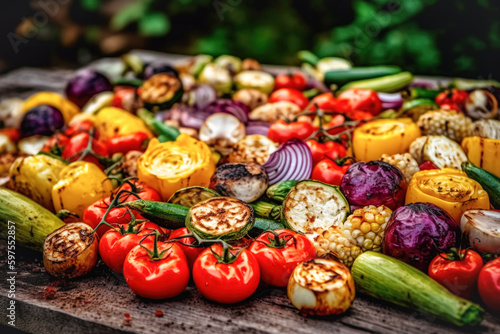 Various barbecue grilled vegetables laid out beautifully on a large dish. vegetarian barbecue  party  summer holidays