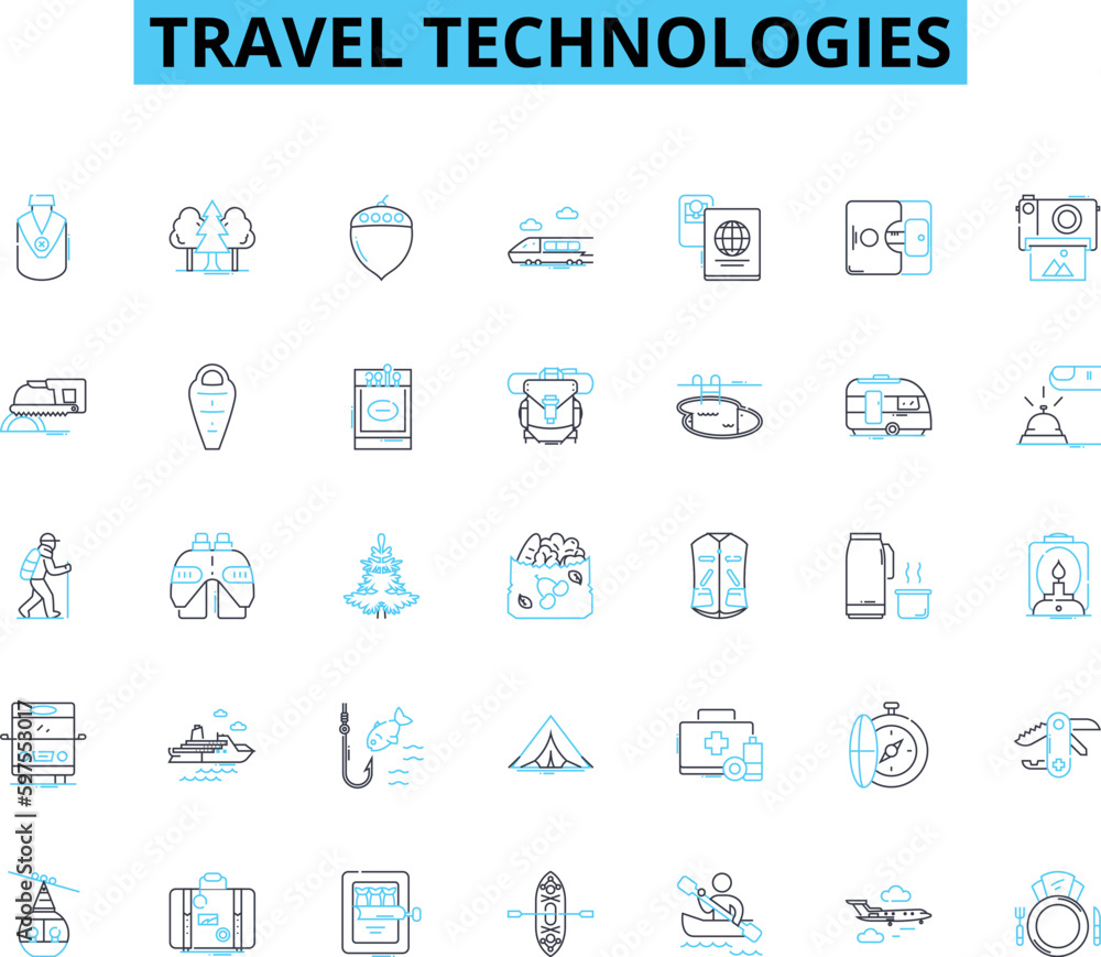 Travel technologies linear icons set. Geolocation, E-ticketing, Virtual reality, Mobile booking, Loyalty, Wi-Fi, Artificial intelligence line vector and concept signs. Augmented Generative AI