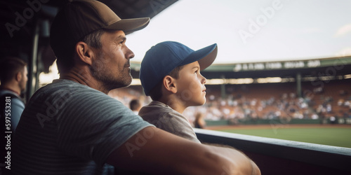dad and son watching a game sports match on the stands of the stadium together. Generative AI	
