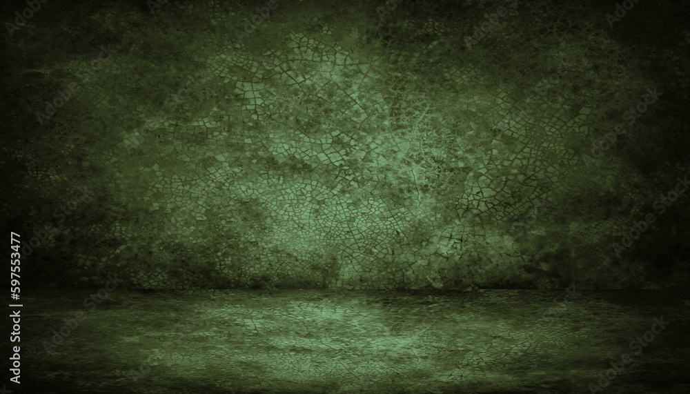 Black dark olive green horror background. Interior room. Concrete old wall, floor. Grunge. Product display. 3d rendering. Empty space. For mockup, showcase, design. Stage. Spooky creepy.Broken,cracked - obrazy, fototapety, plakaty 