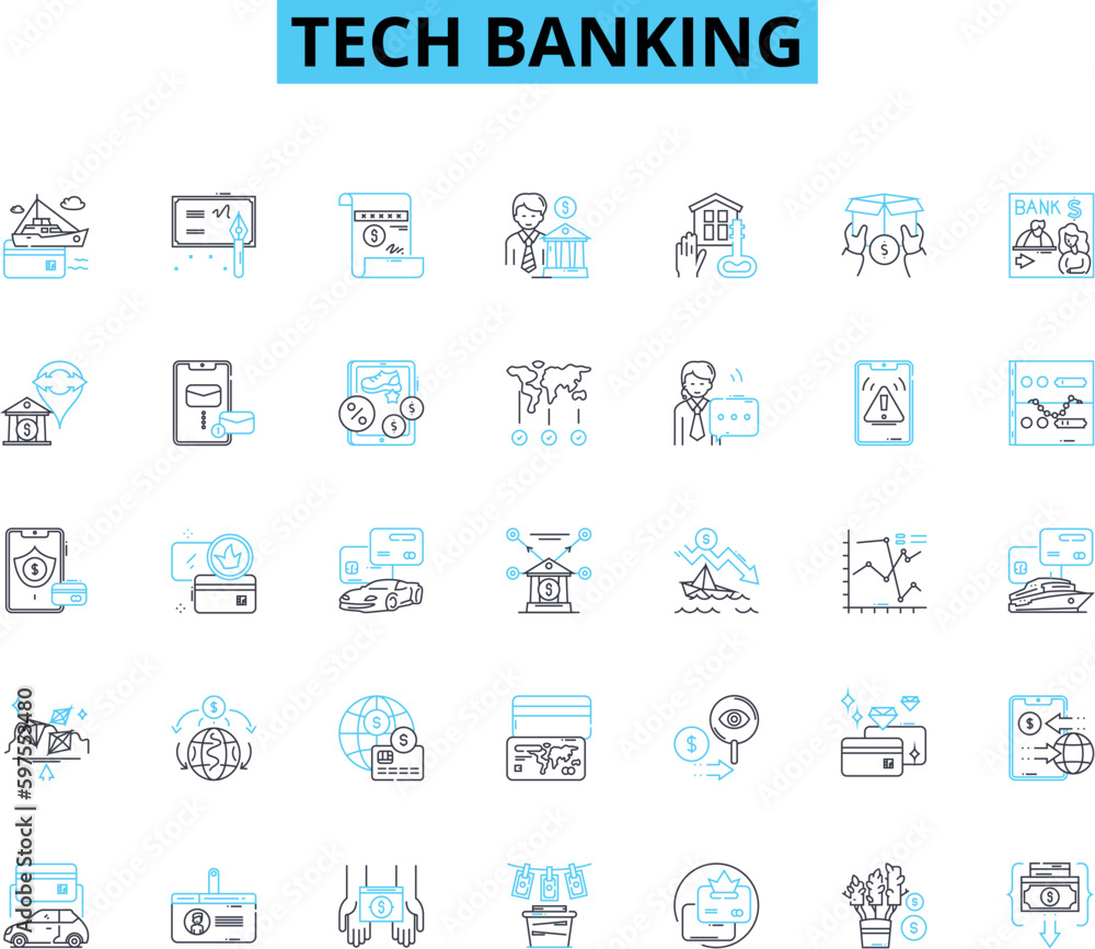 Tech banking linear icons set. Fintech, Blockchain, Cryptocurrency, Mobile banking, Machine learning, Artificial intelligence, Contactless payments line vector and concept signs. Big data