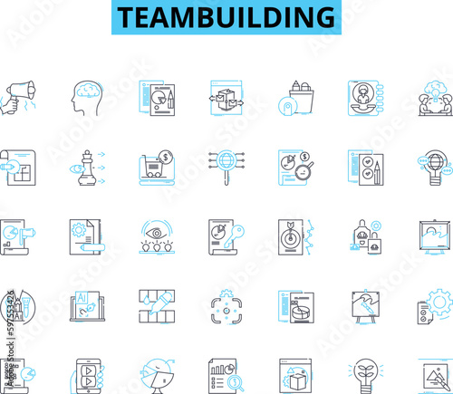 Teambuilding linear icons set. Collaboration, Trust, Synergy, Leadership, Communication, Motivation, Cohesion line vector and concept signs. Creativity,Empathy,Accountability outline illustrations