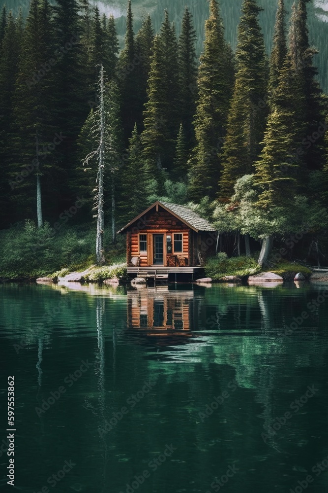 Fototapeta premium House on the lake. AI generated art illustration.