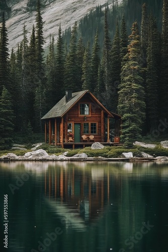 House on the lake. AI generated art illustration.