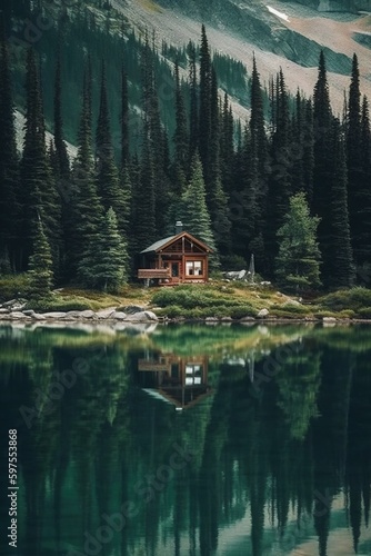 House on the lake. AI generated art illustration.