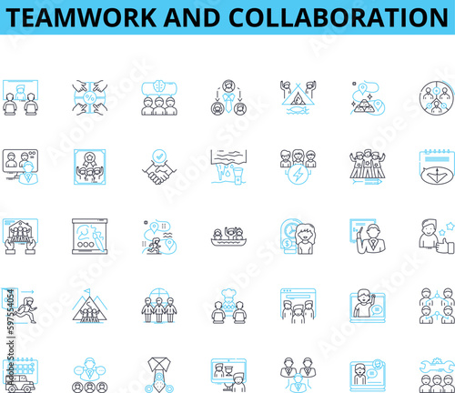 Teamwork and collaboration linear icons set. Synergy, Alliance, Cohesion, Unity, Partnership, Cohort, Connection line vector and concept signs. Fellowship,Harmony,Cohorts outline Generative AI
