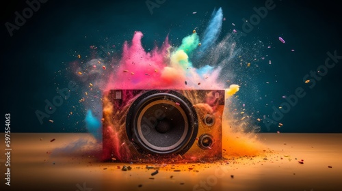 Ultra Detailed Speaker Smart Exploding on Colorful Shiny Background - A Sony A9 Photoshoot and Vector Illustration for a Rocking, Loud Club Party, Generative ai photo