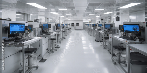 interior of factory and operating room clean room with chip production computers. Generative AI  © xartproduction