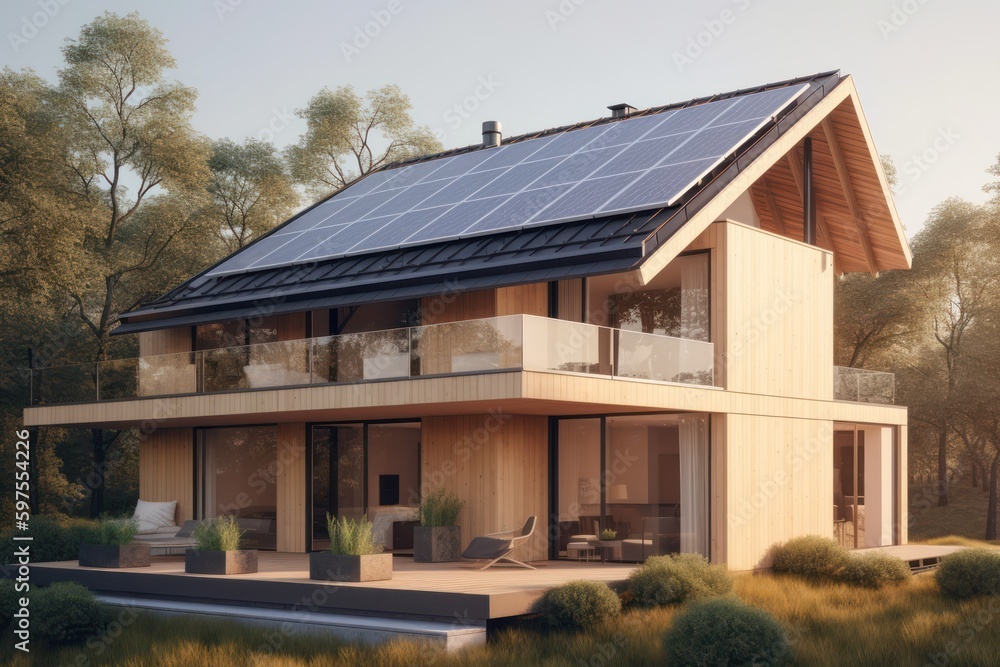 sustainable home with solar panels on roof, generative AI sustainable home with solar panels on roof, generative AI